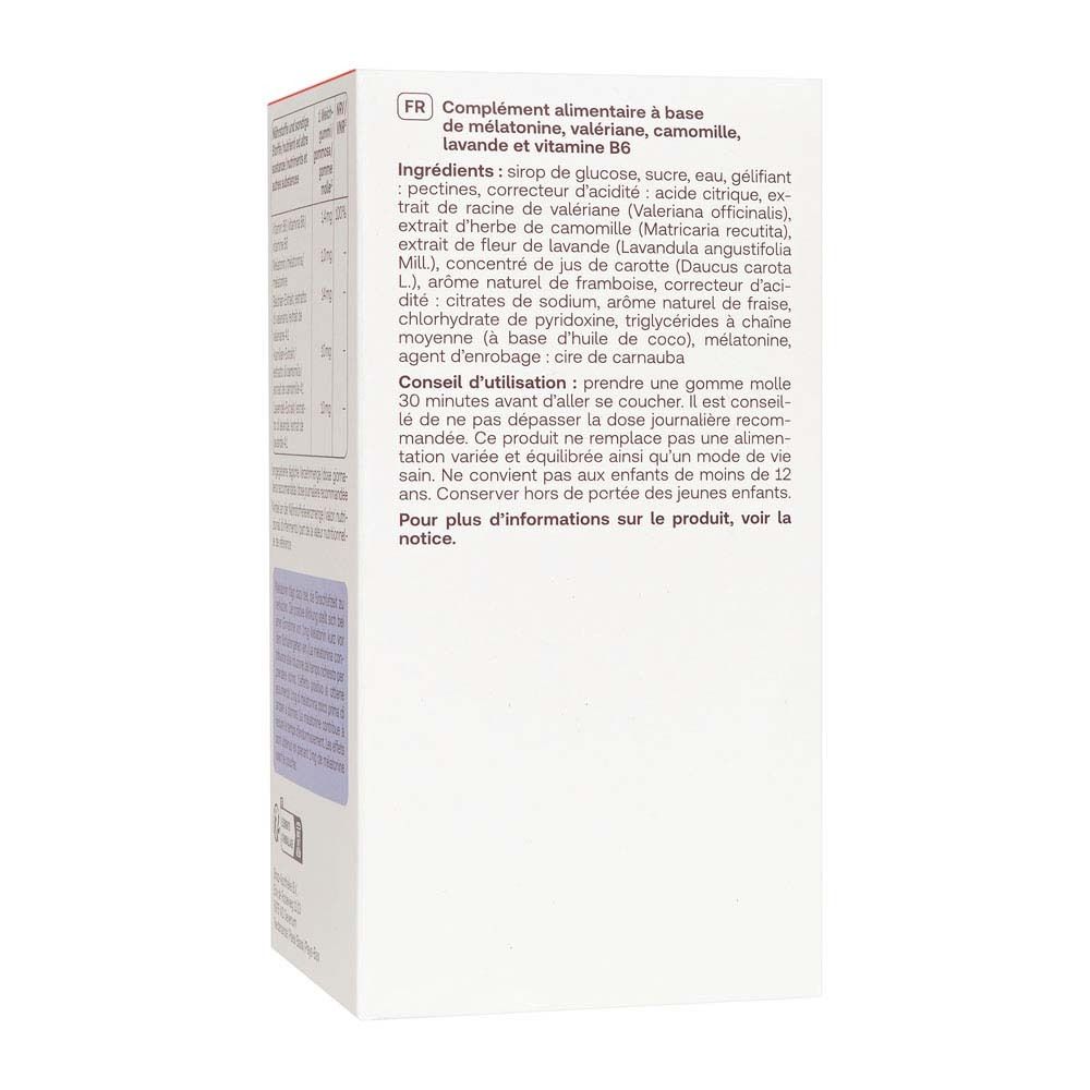 Dos de la boîte Redcare Vita Melatonin Weichgummis. Ingrédients, conseils d'utilisation et informations nutritionnelles.