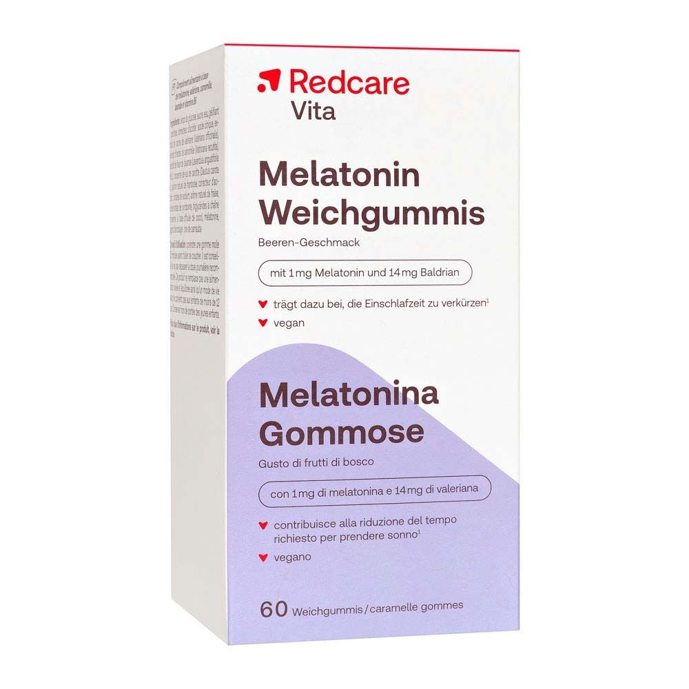 Boîte Redcare Vita Melatonin Weichgummis. 60 pièces. 1mg mélatonine et 14mg valériane. Goût baies.