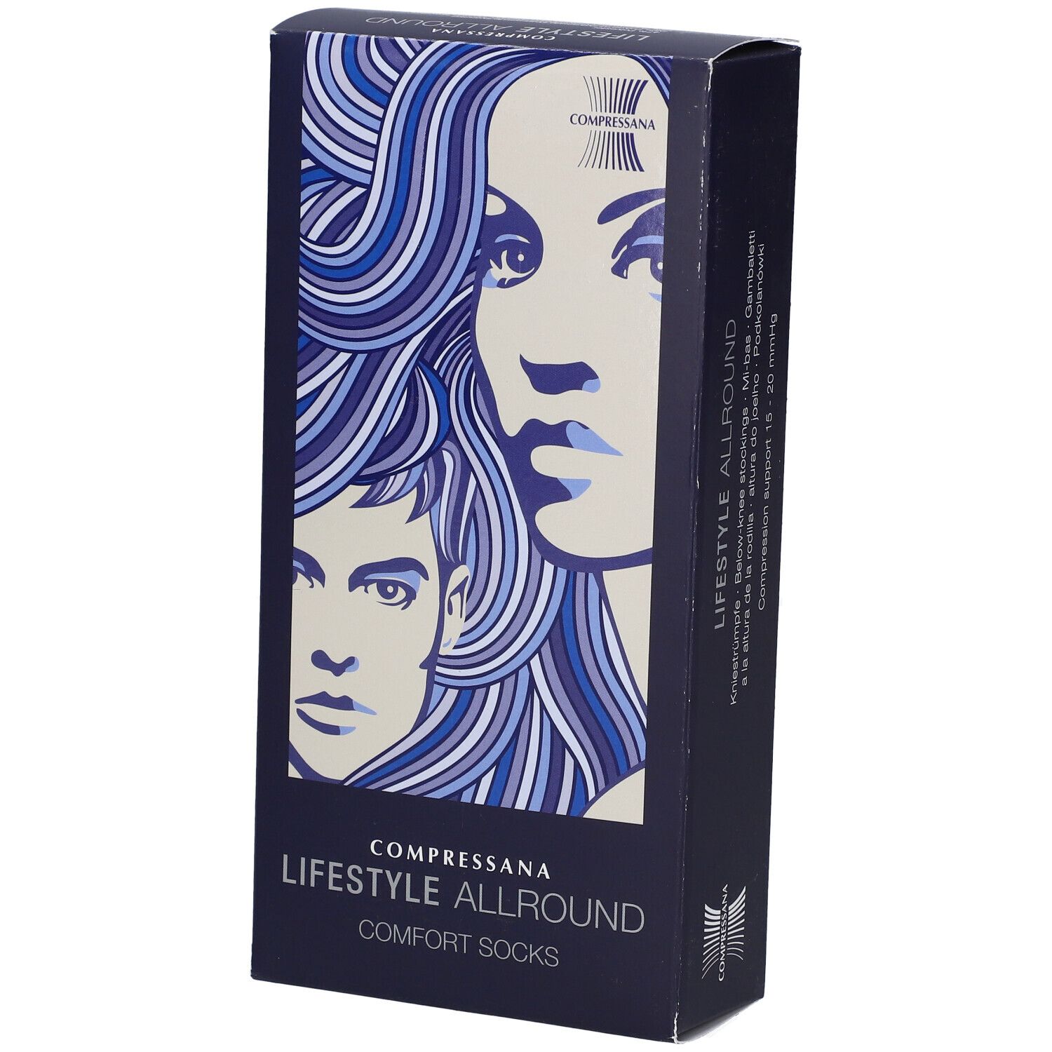 Emballage du produit. Inscription : Compressana LIFESTYLE ALLROUND COMFORT SOCKS. Illustration de visages.