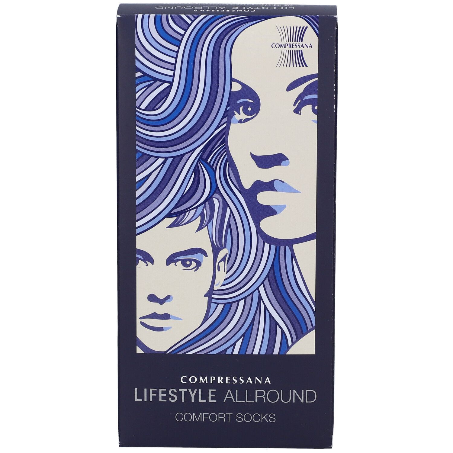Emballage du produit. Inscription : Compressana LIFESTYLE ALLROUND COMFORT SOCKS. Illustration de visages.