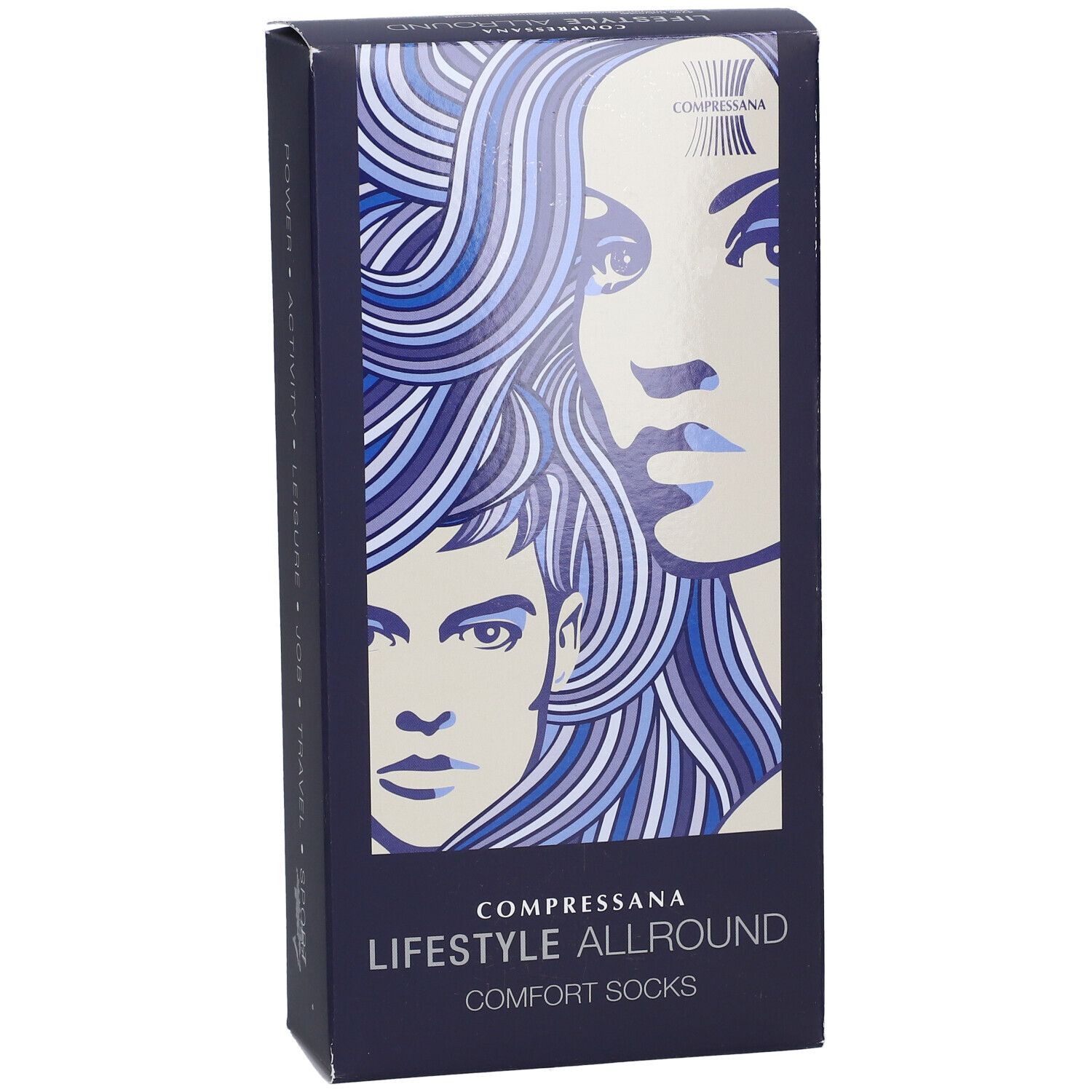 Emballage du produit, en biais. Inscription : Compressana LIFESTYLE ALLROUND COMFORT SOCKS. Illustration de visages.
