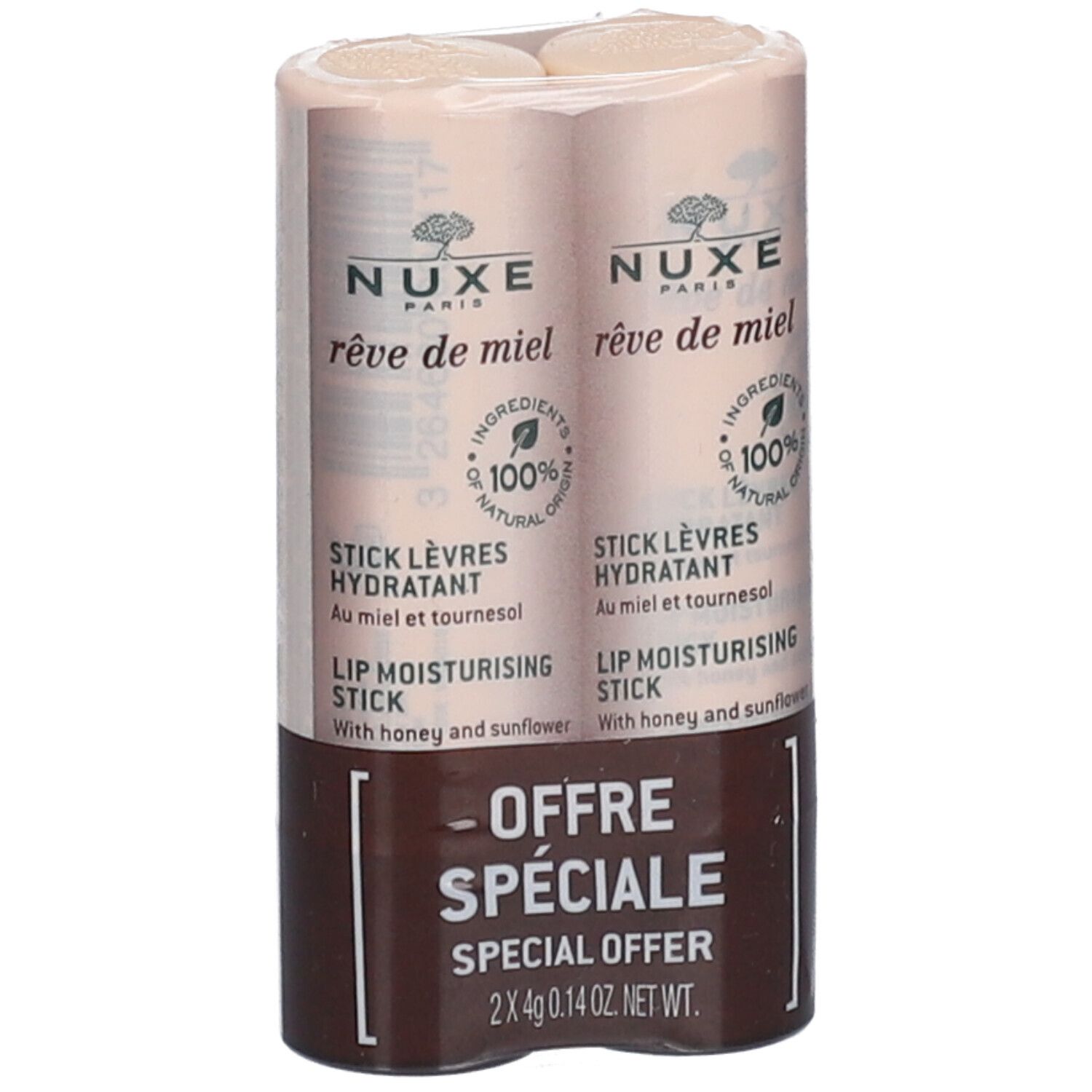 NUXE rêve de miel® stick lèvres, emballage double. Emballage marron et beige avec informations produit. "Offre Spéciale" en bas.