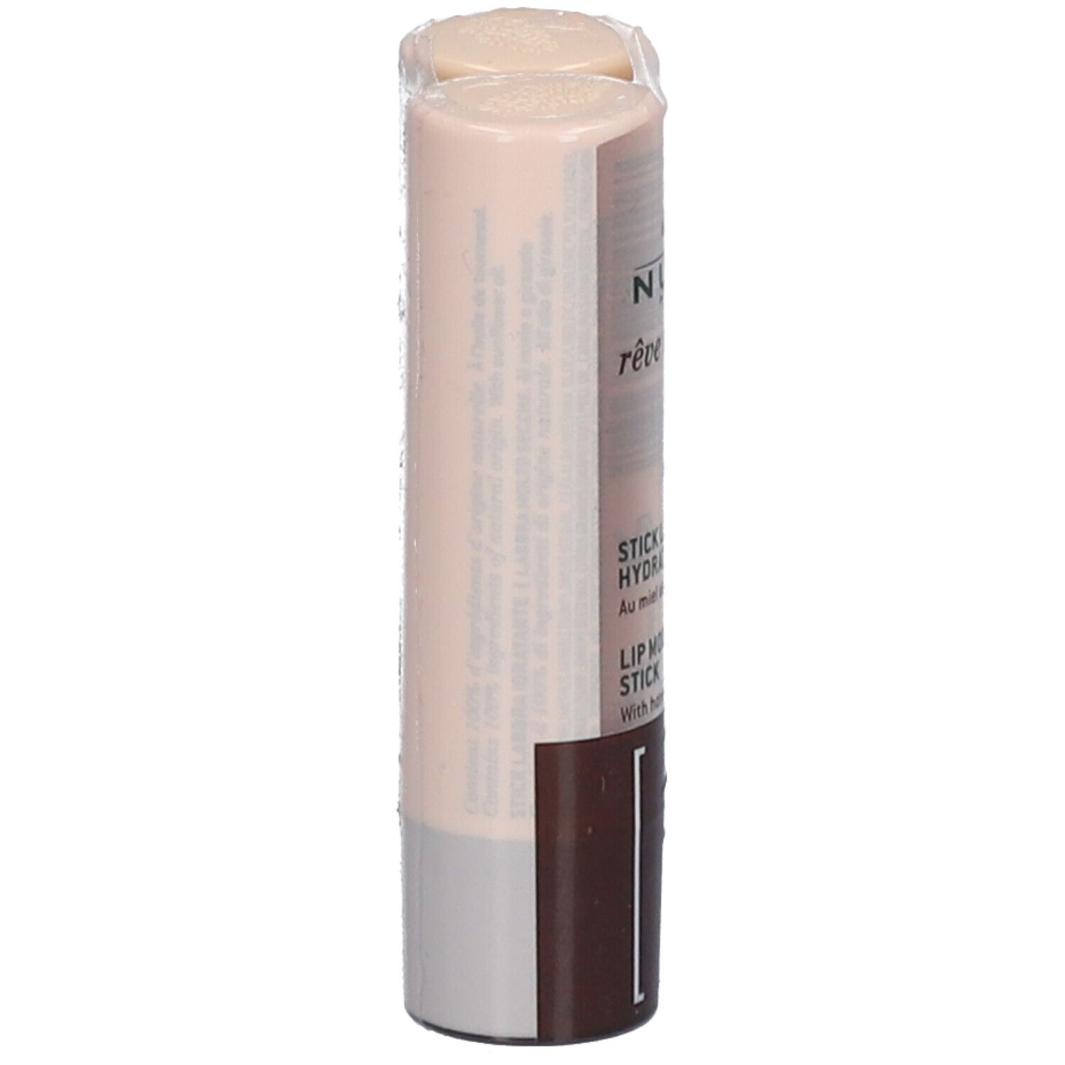 NUXE rêve de miel® stick lèvres, emballage double. Vue latérale de l'emballage. Nom du produit et informations partiellement visibles.