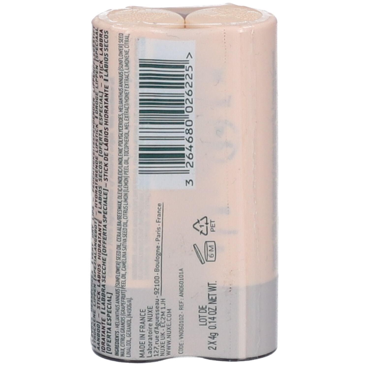 NUXE rêve de miel® stick lèvres, emballage double. Dos de l'emballage avec informations produit, code-barres et symboles de recyclage.
