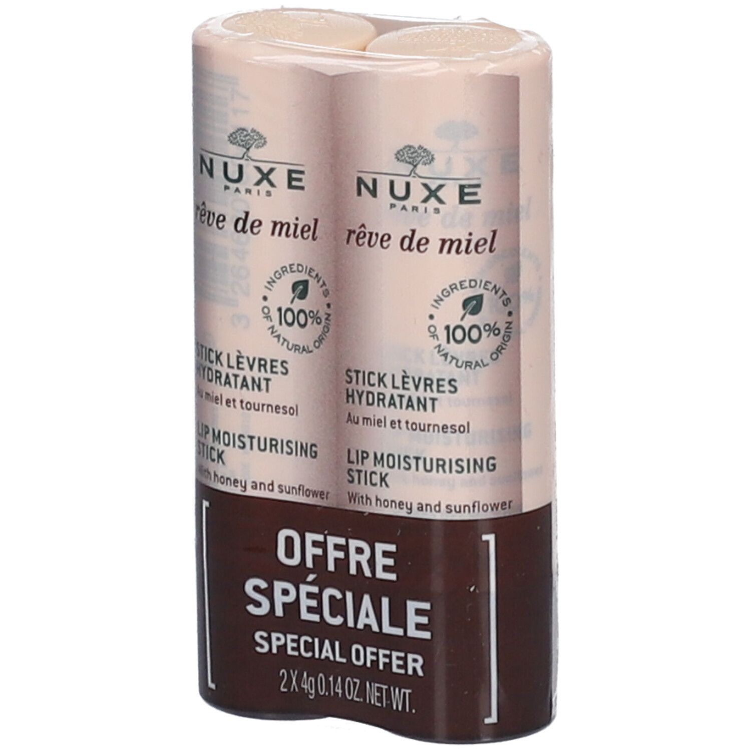NUXE rêve de miel® stick lèvres, emballage double. Emballage marron et beige avec informations produit. "Offre Spéciale" en bas.