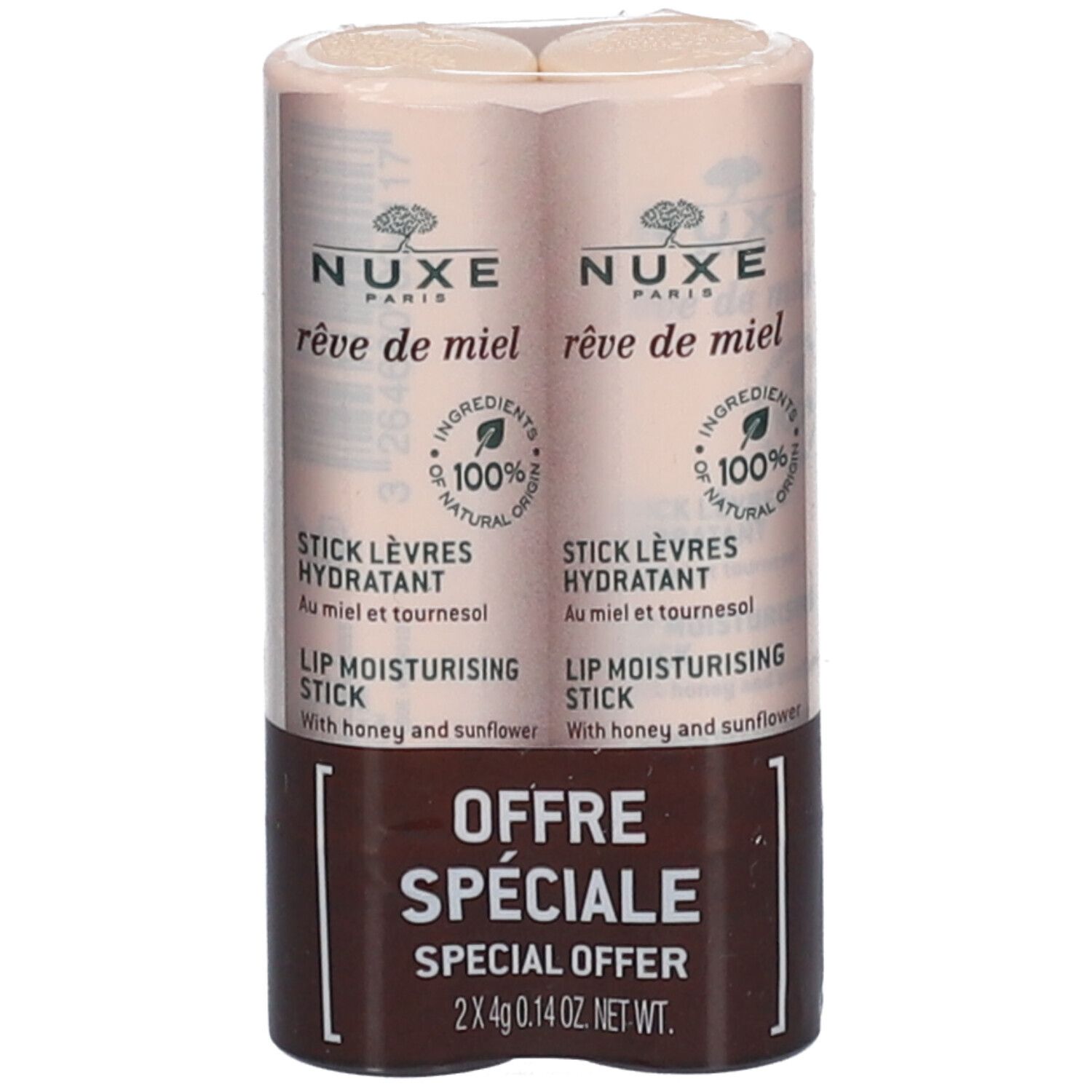 NUXE rêve de miel® stick lèvres, emballage double. Emballage marron et beige avec informations produit. "Offre Spéciale" en bas.
