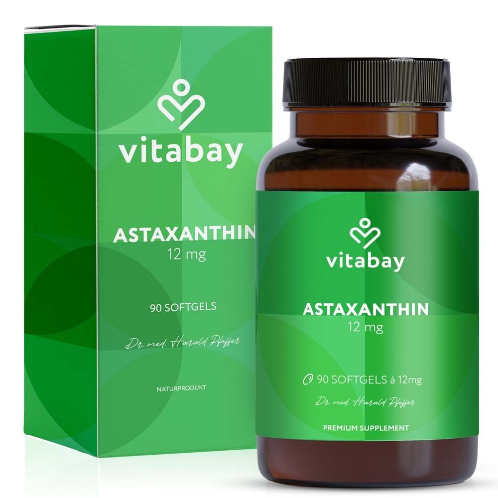 Emballage vert avec "vitabay" et "Astaxanthine 12 mg". Bouteille brune avec gélules.