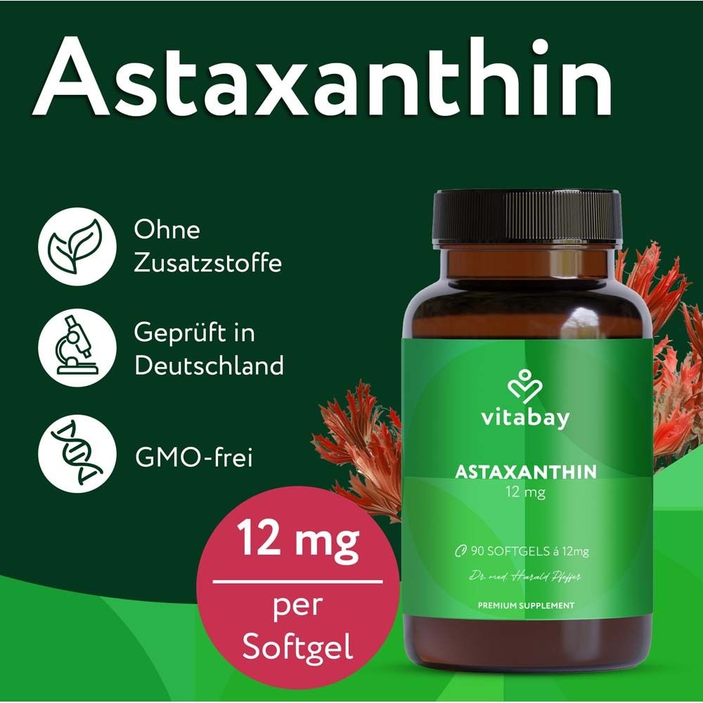 Bouteille brune avec "vitabay Astaxanthine 12 mg". Texte : Sans additifs, testé en Allemagne, sans OGM.