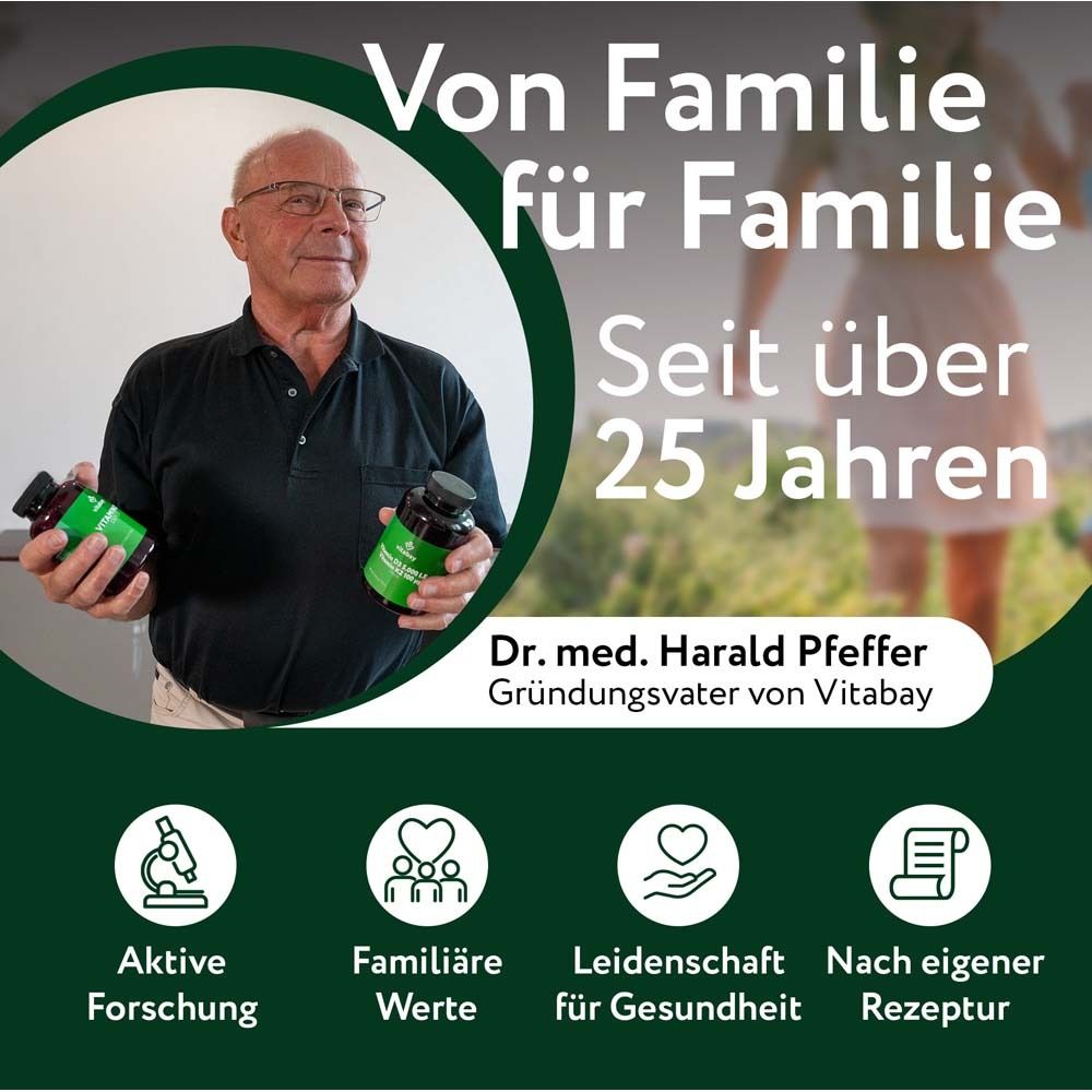 Homme âgé avec des bouteilles. Texte : De famille à famille. Dr. med. Harald Pfeffer.