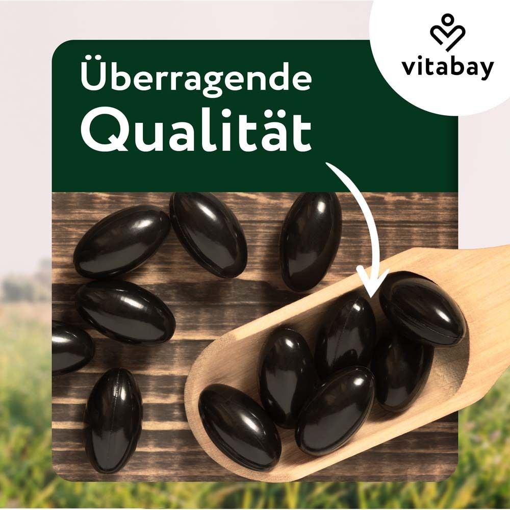 Cuillère en bois avec gélules noires. Texte : Qualité supérieure.