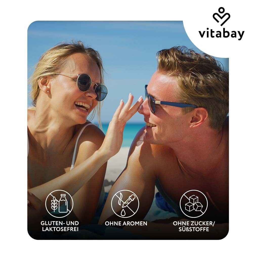 Couple sur la plage. Texte : Sans gluten et sans lactose, sans arômes, sans sucre/édulcorants.
