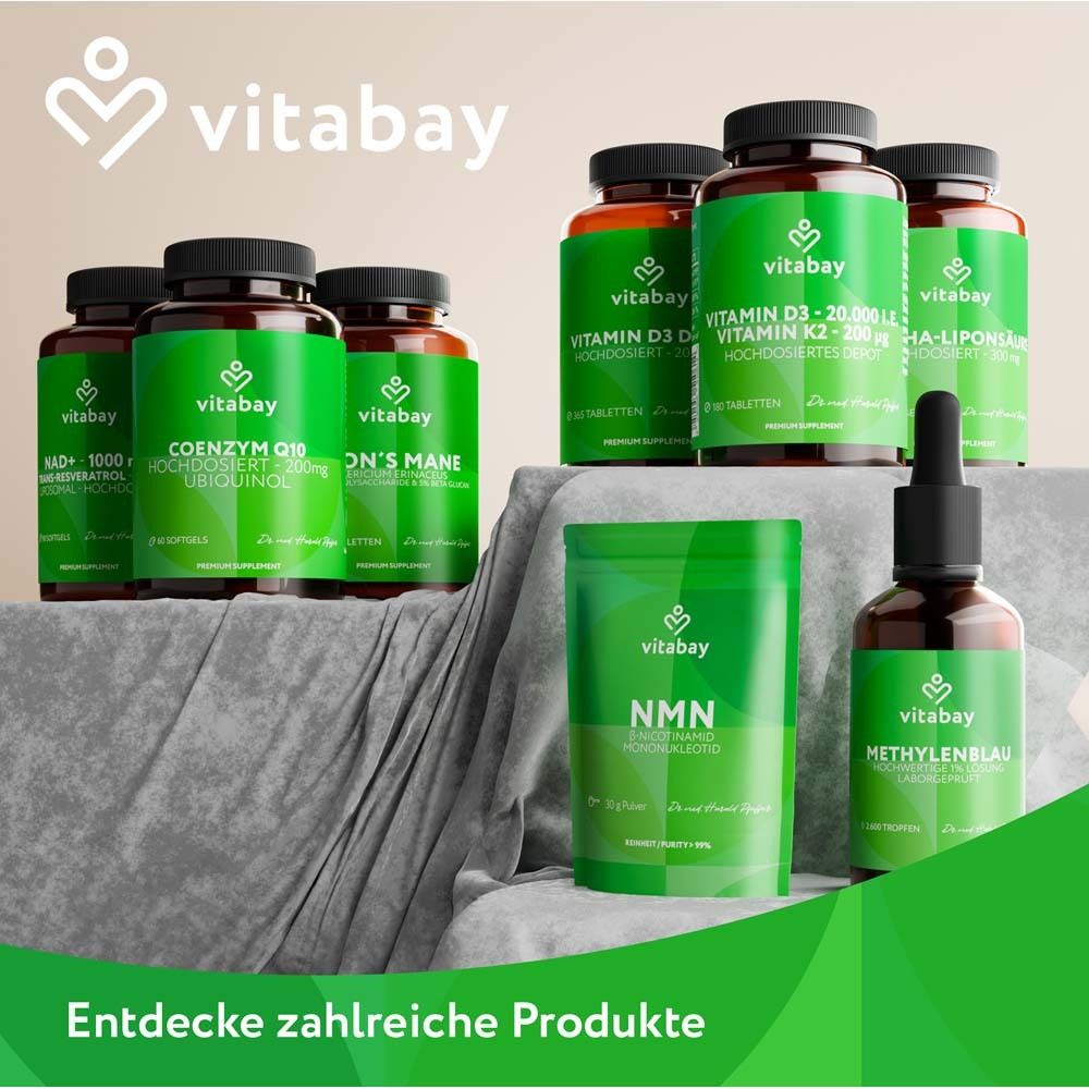 Différents produits de vitabay. Bouteilles, gélules, gouttes et un sachet.