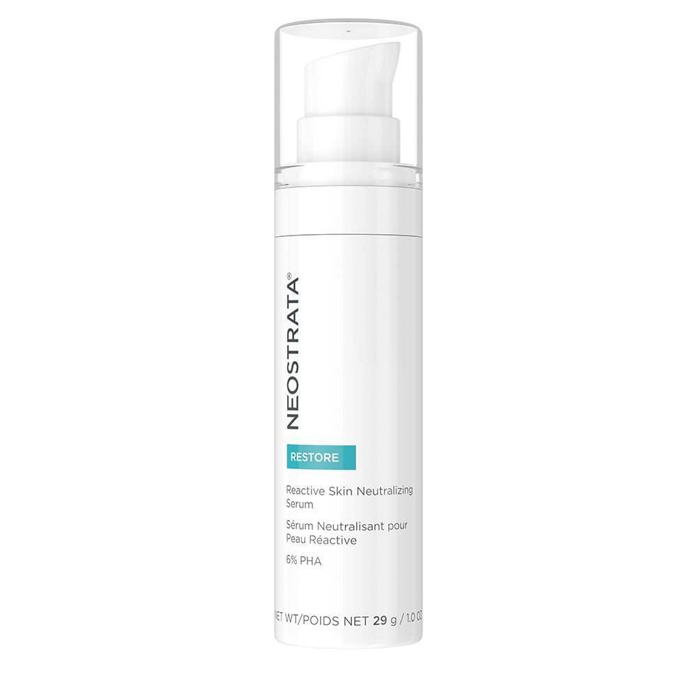 Sérum blanc avec pompe. Inscriptions: NeoStrata, Restore, Redness Neutralizing Serum, 6% PHA. Poids net 29 g/1 oz.