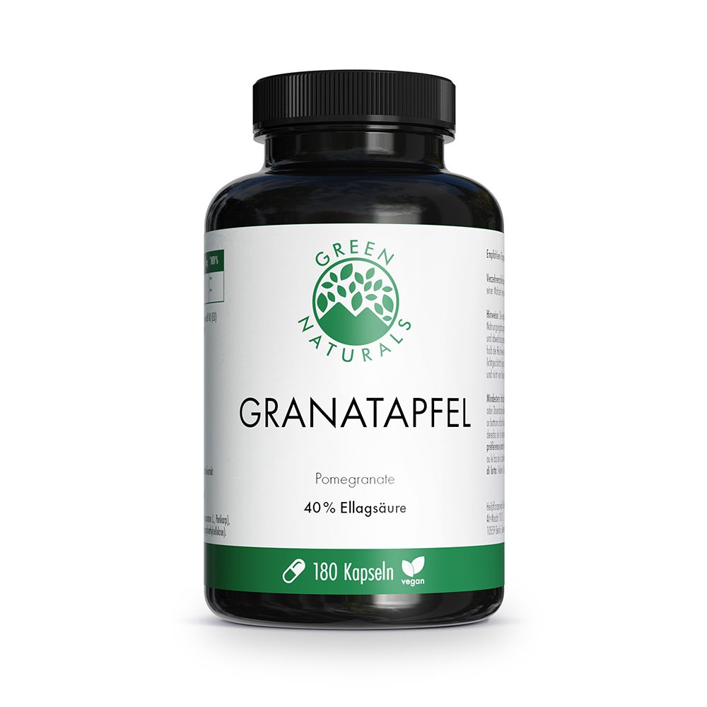 Flacon noir avec étiquette blanche. Inscription: GRANATAPFEL, 40% acide ellagique. 180 gélules. Vegan.