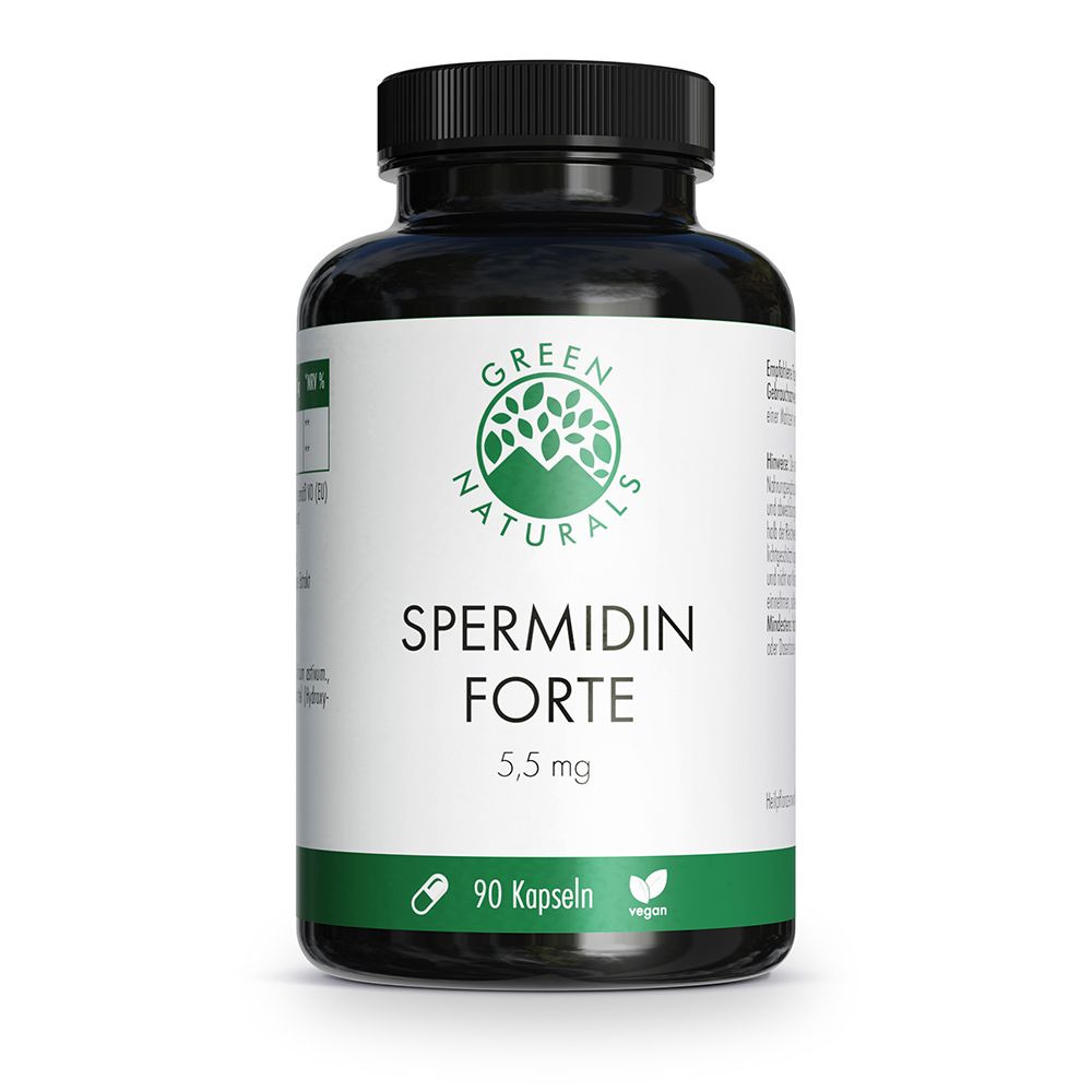 Flacon sombre avec étiquette verte : GREEN NATURALS Spermidin Forte, 5,5 mg, 90 gélules, vegan.