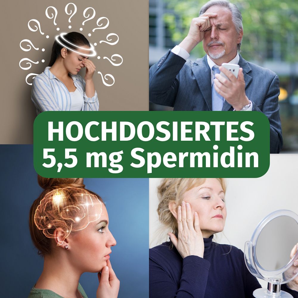 Collage : maux de tête, homme avec téléphone, cerveau, femme avec miroir. Spermidine 5,5 mg à haute dose.