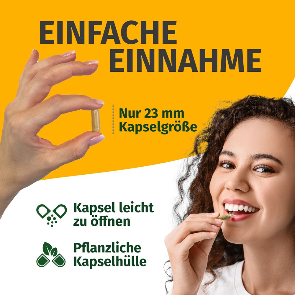 Femme prenant une gélule. Prise facile, taille de gélule de 23 mm. Enveloppe de gélule végétale.