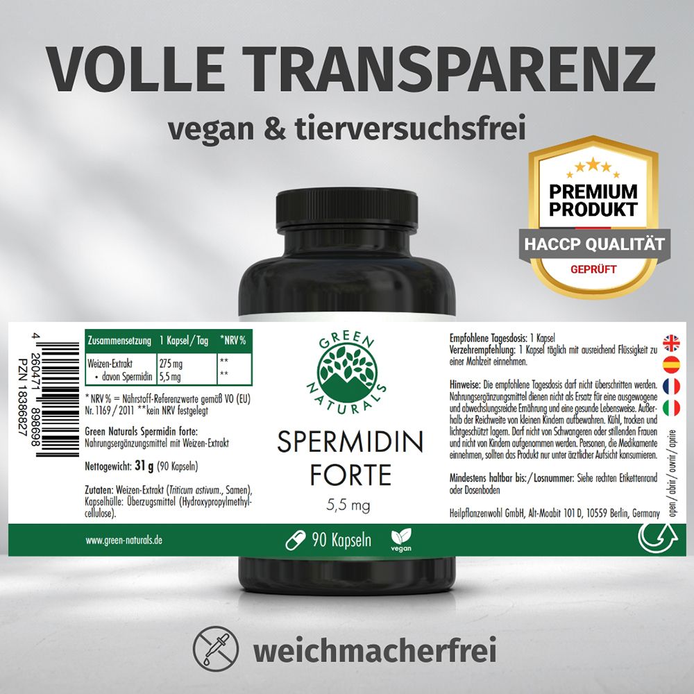 Bouteille avec étiquette : GREEN NATURALS Spermidin Forte, 5,5 mg, 90 gélules. Produit Premium, qualité HACCP.