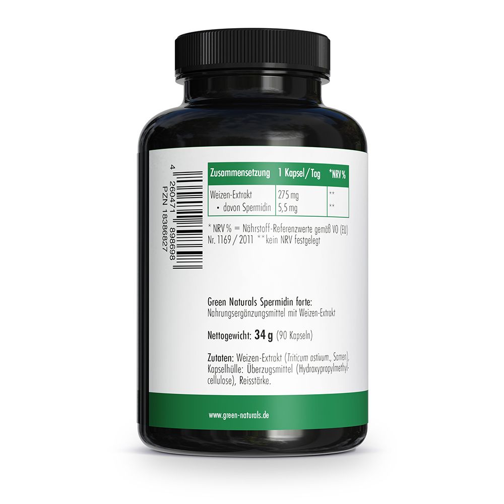 Arrière de la bouteille : informations nutritionnelles, ingrédients (extrait de blé, spermidine 5,5 mg), 90 gélules.
