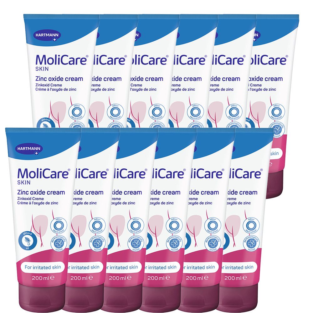 Plusieurs tubes de crème MoliCare Skin à l'oxyde de zinc. Tubes blancs avec texte bleu et rose. Inscription : Crème à l'oxyde de zinc.