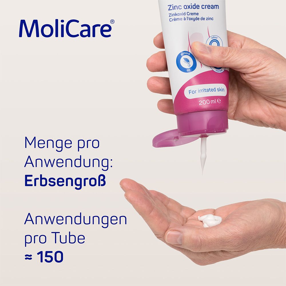 Tube de crème MoliCare Skin à l'oxyde de zinc. La crème est pressée du tube. Texte : Quantité par application : Taille d'un pois. Environ 150 applications.
