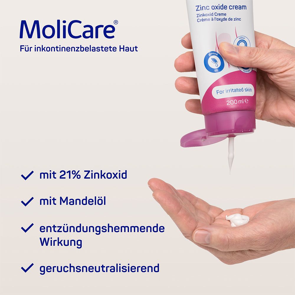 Tube de crème MoliCare Skin à l'oxyde de zinc. Texte : Avec 21% d'oxyde de zinc, avec huile d'amande, effet anti-inflammatoire, neutralisant les odeurs.
