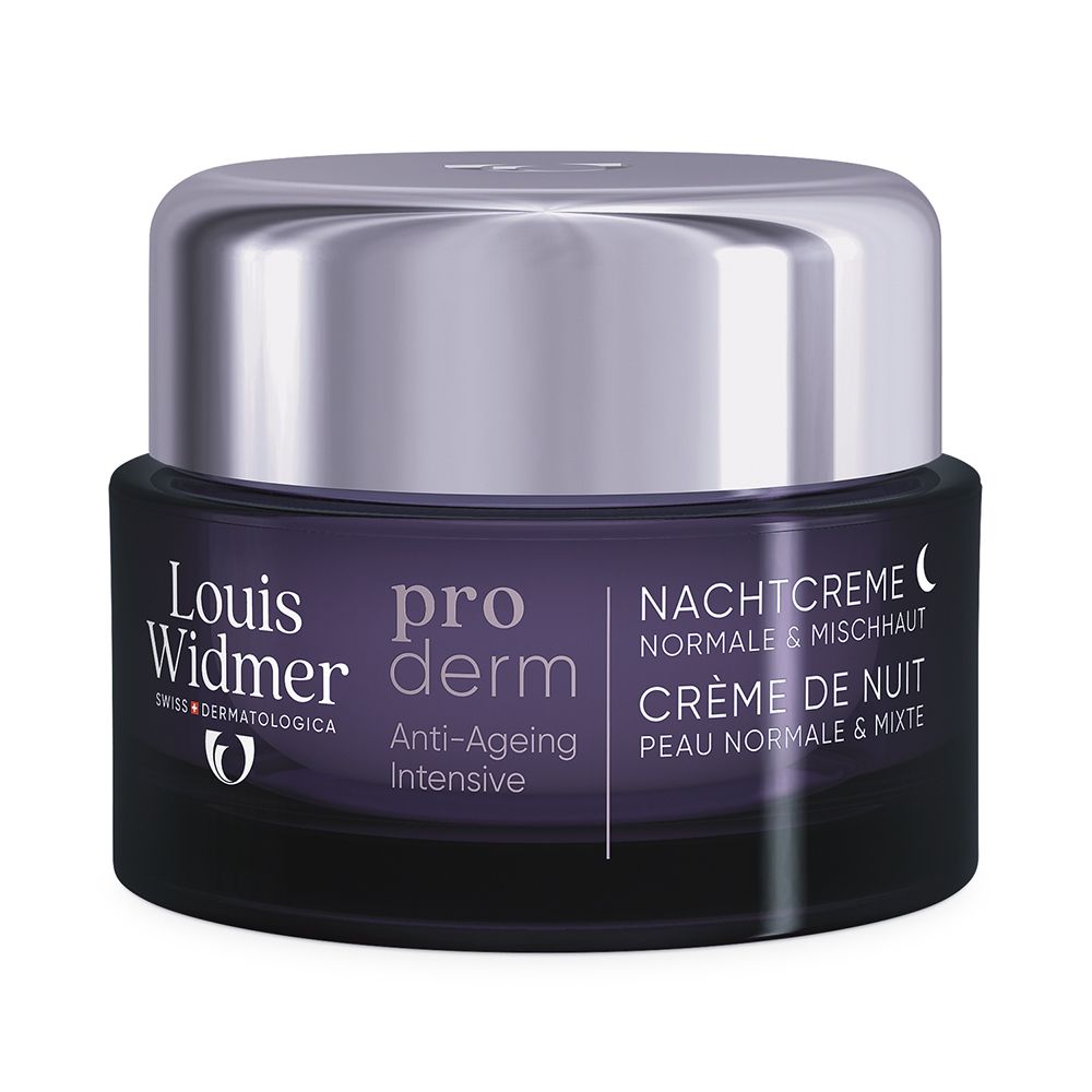Louis Widmer pro derm Crème de Nuit dans un pot en verre violet avec un couvercle argenté.