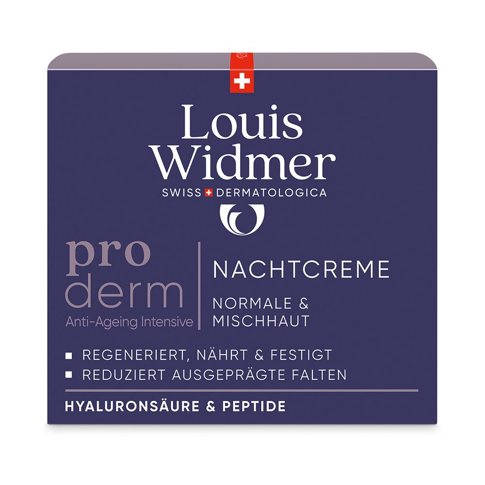 Emballage de la Louis Widmer pro derm Crème de Nuit avec informations produit et sceaux.