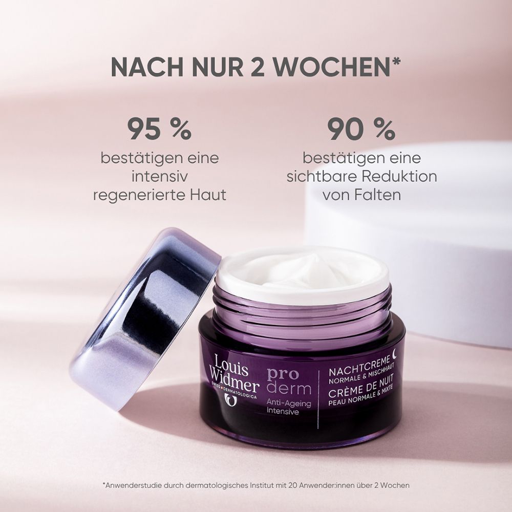 Pot ouvert de Louis Widmer pro derm Crème de Nuit avec crème visible et texte sur les résultats.