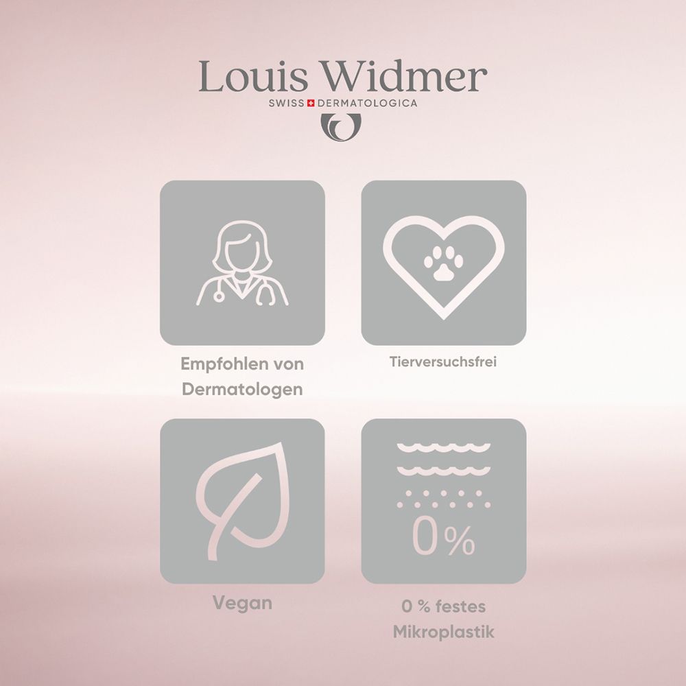 Quatre icônes : Recommandé par les dermatologues, Sans cruauté envers les animaux, Vegan, 0% Microplastique.