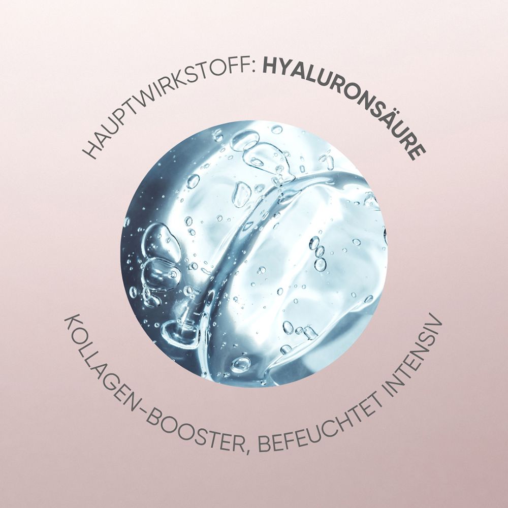 Graphique avec molécule d'acide hyaluronique et texte sur le booster de collagène et l'hydratation.