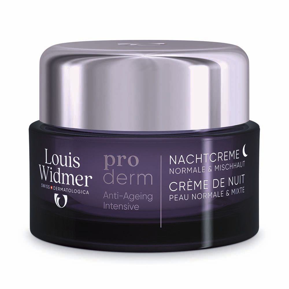 Pot violet foncé avec couvercle argenté. Inscription: Louis Widmer, proderm, Crème de nuit.