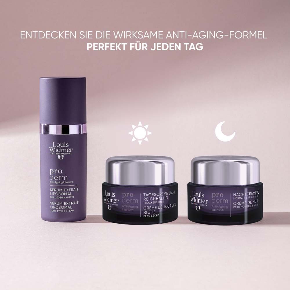 Trois produits: Sérum, Crème de jour, Crème de nuit. Texte: Formule anti-âge pour tous les jours.