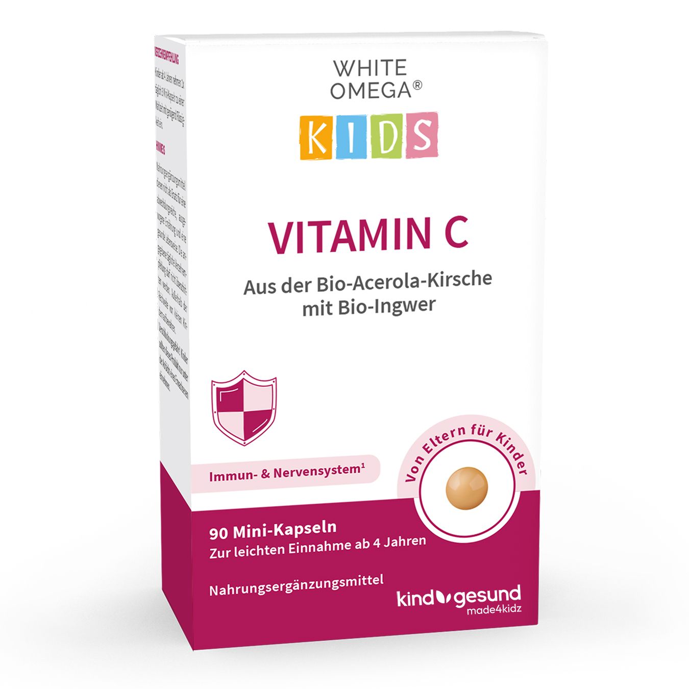 Boîte blanche WHITE OMEGA KIDS Vitamin C. 90 mini-gélules. Contient cerise acérola bio et gingembre bio. Pour enfants dès 4 ans.