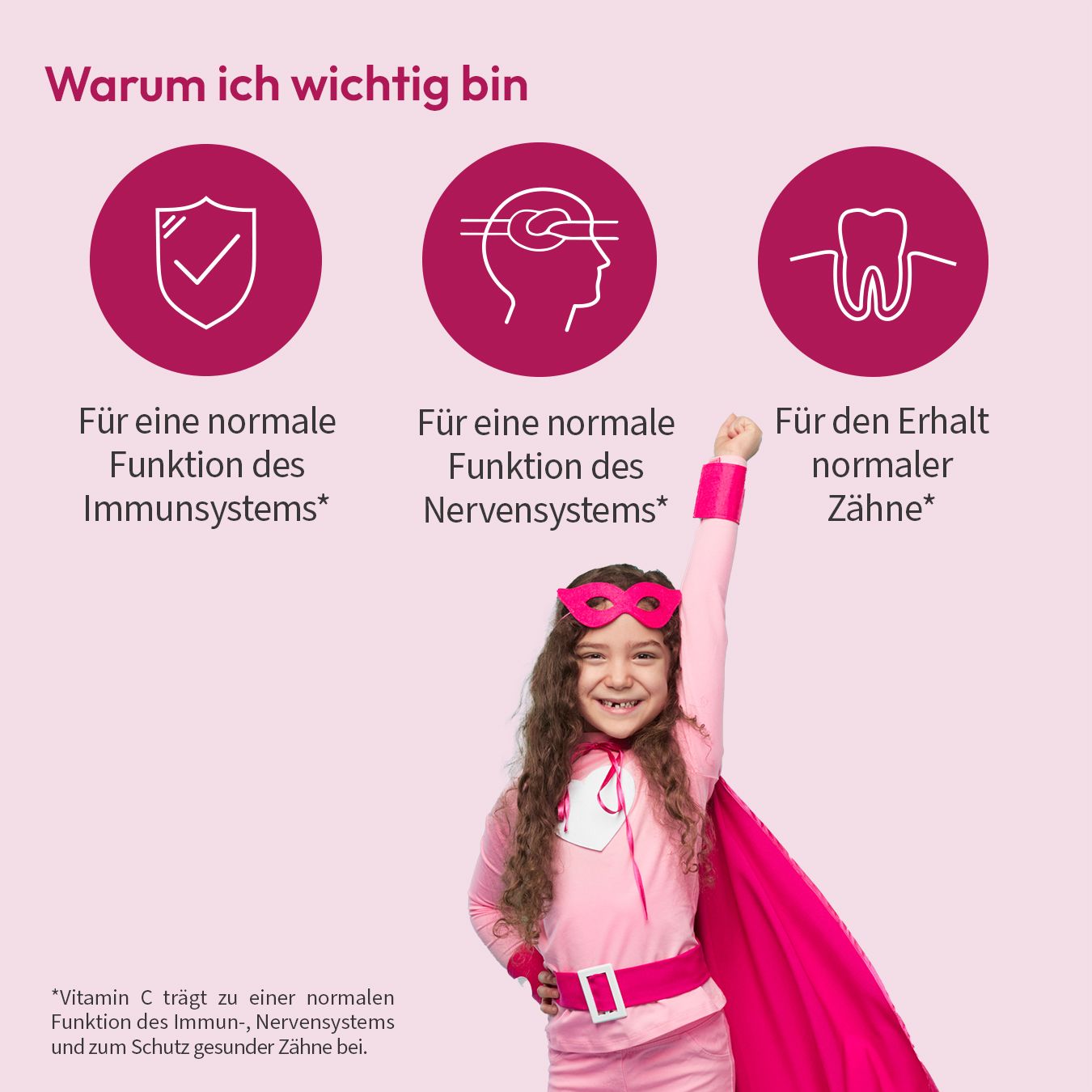 Enfant en costume de super-héros. Texte: Pour une fonction normale du système immunitaire, nerveux et des dents. Vitamine C.