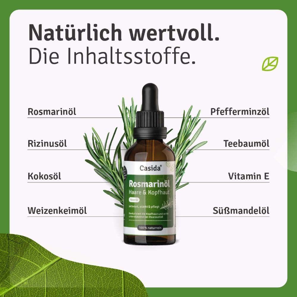 Flacon de produit avec ingrédients : huile de romarin, huile de ricin, huile de coco, huile de germe de blé, etc.