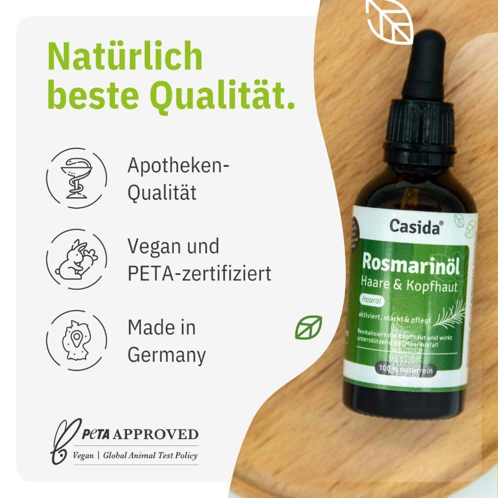 Flacon de produit sur bois. Logos : Qualité pharmacie, Vegan et certifié PETA, Fabriqué en Allemagne. PETA Approved.