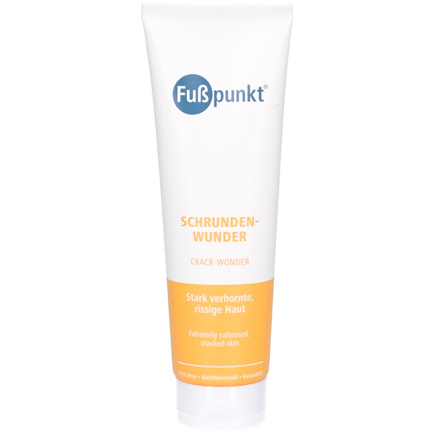 Tube de crème Fußpunkt® SCHRUNDENWUNDER. Blanc, avec étiquette bleue et orange. Texte : Peau très calleuse, gercée.