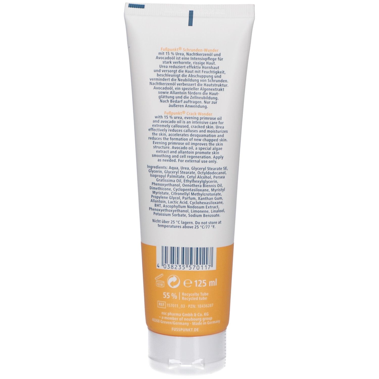 Dos du tube de crème Fußpunkt® SCHRUNDENWUNDER. Texte et ingrédients sur fond jaune. 125 ml.