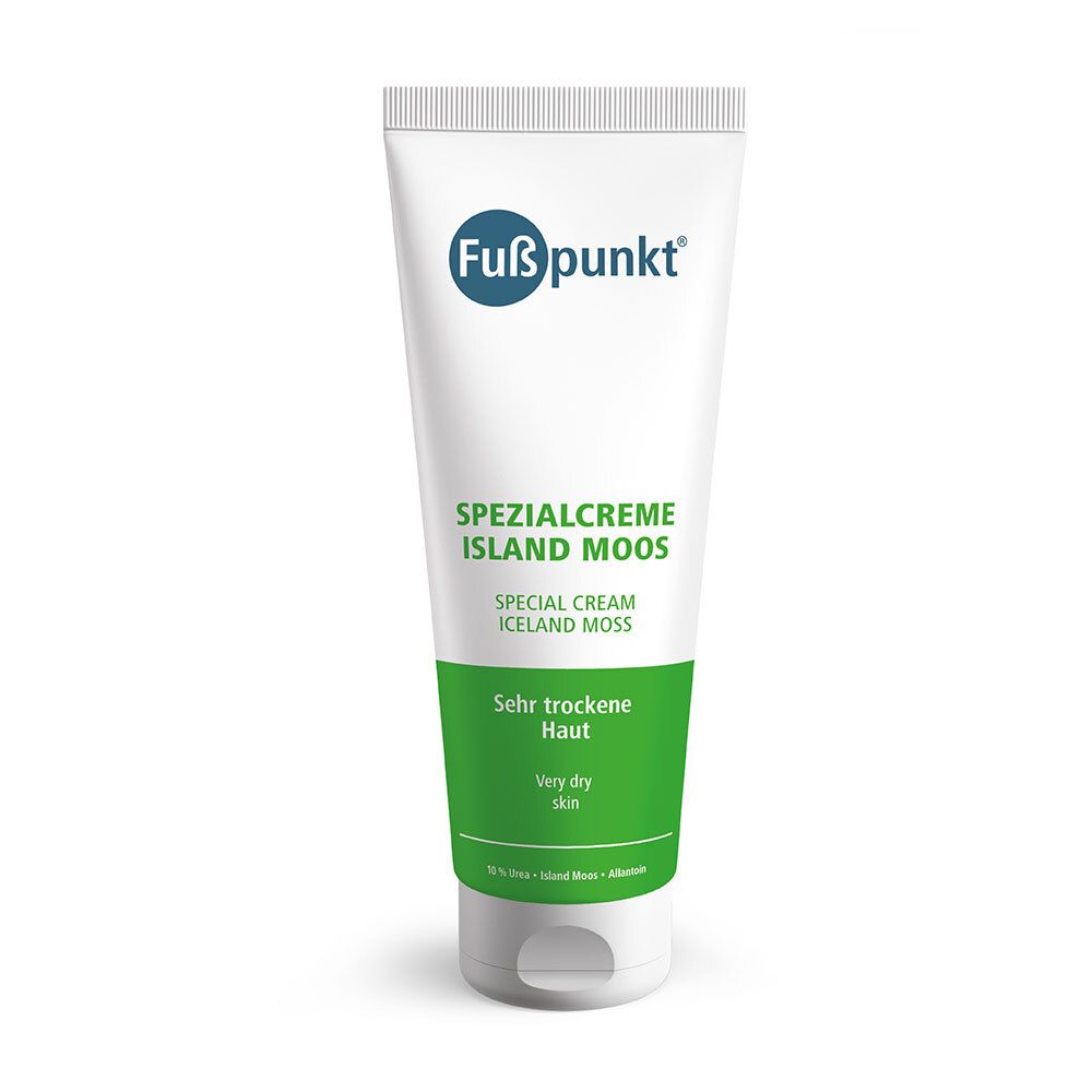 Tube blanche avec bande verte. Inscription: Fußpunkt, Crème spéciale mousse d'Islande. Pour peau très sèche.