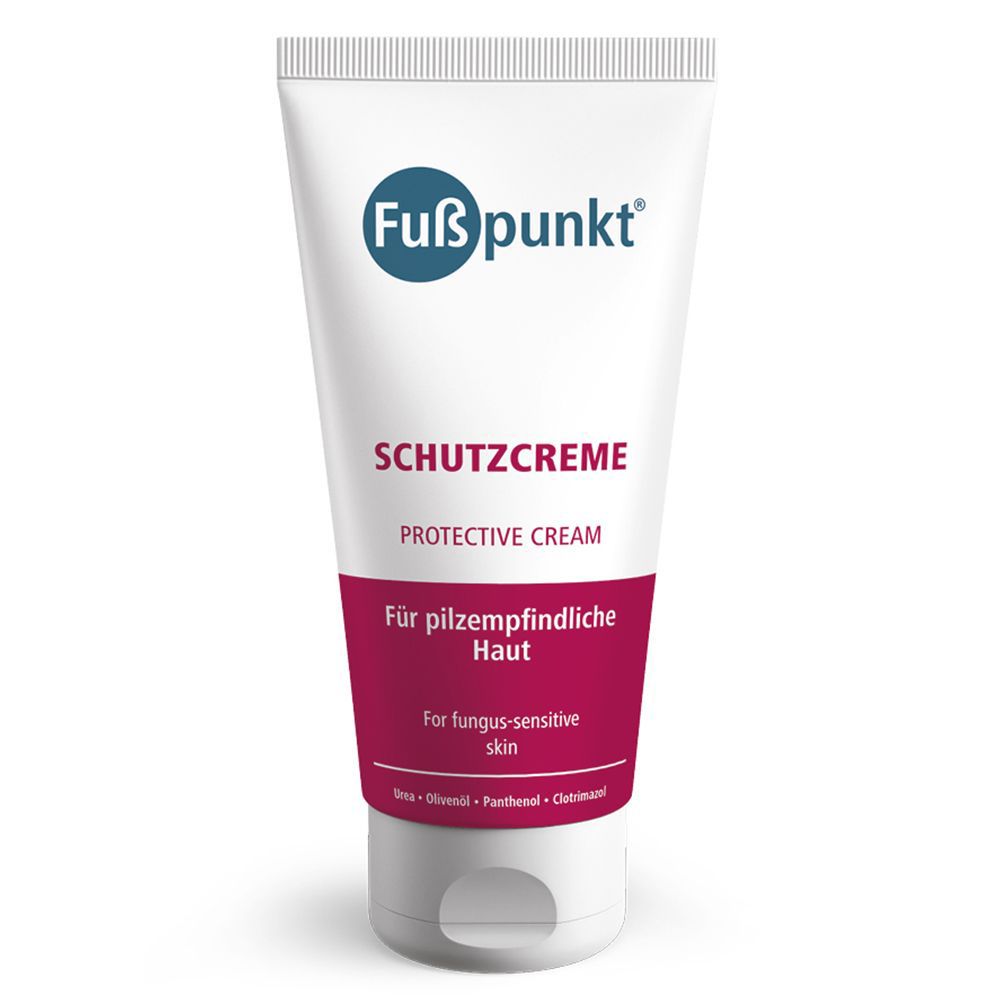 Tube de Fußpunkt® SCHUTZCREME. Blanc, logo bleu, bande rouge. Texte : SCHUTZCREME, Protective Cream, Pour peau sensible aux champignons.