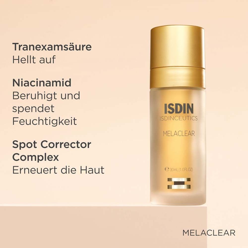 Flacon de sérum et texte. ISDINCEUTICS Melaclear. Ingrédients: Acide tranexamique, Niacinamide, Spot Corrector.