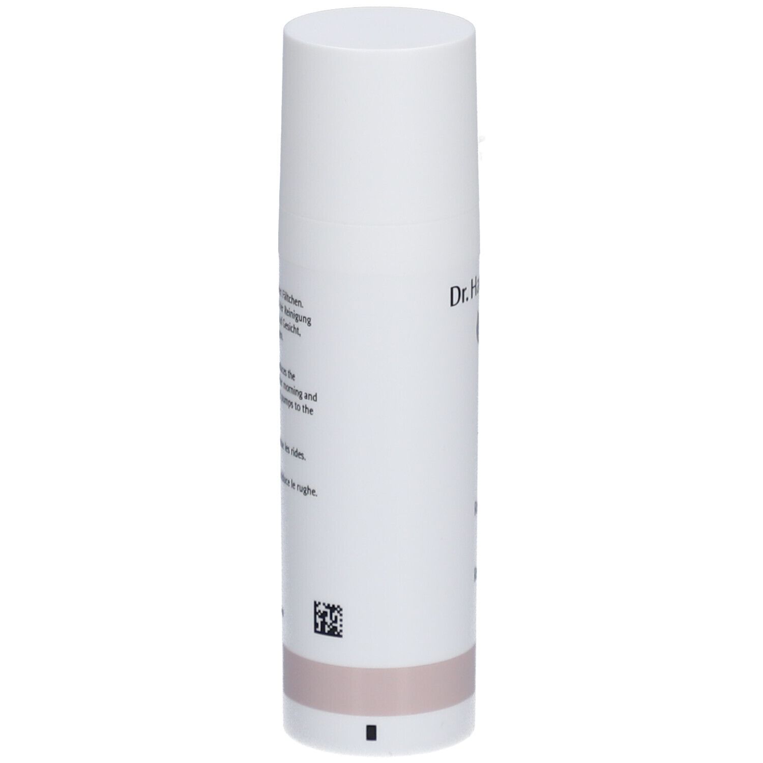 Flacon blanc avec texte. Texte Dr. Hauschka. Texte multilingue. Base rose.