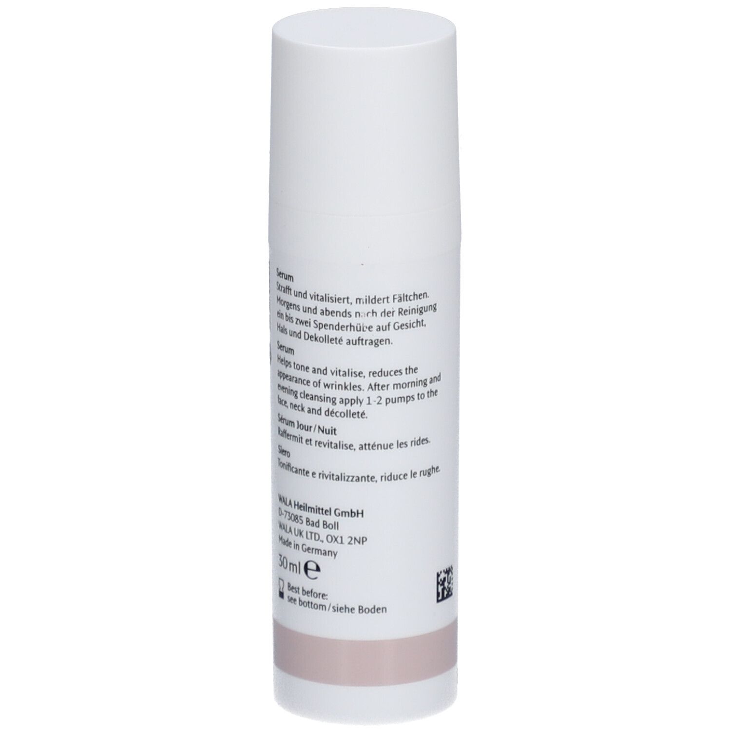 Flacon blanc avec texte. Texte Dr. Hauschka. Texte multilingue. Base rose.