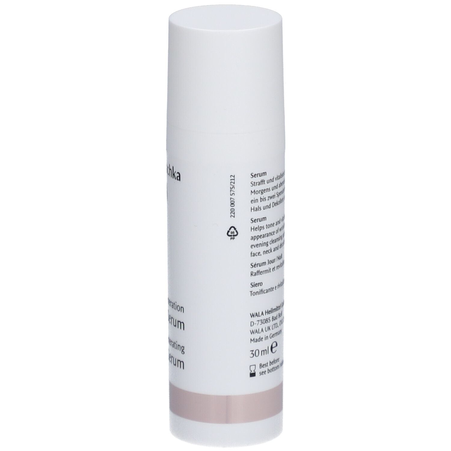 Flacon blanc avec texte. Texte Dr. Hauschka. Texte multilingue. Base rose.