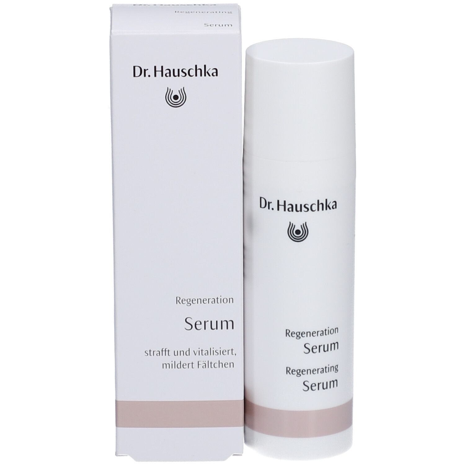 Flacon et emballage blancs avec texte Dr. Hauschka et Regeneration Serum. Accent rose.