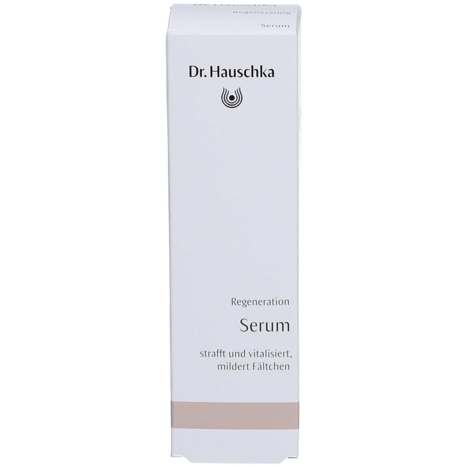 Emballage blanc avec texte Dr. Hauschka et Regeneration Serum. Accent rose.