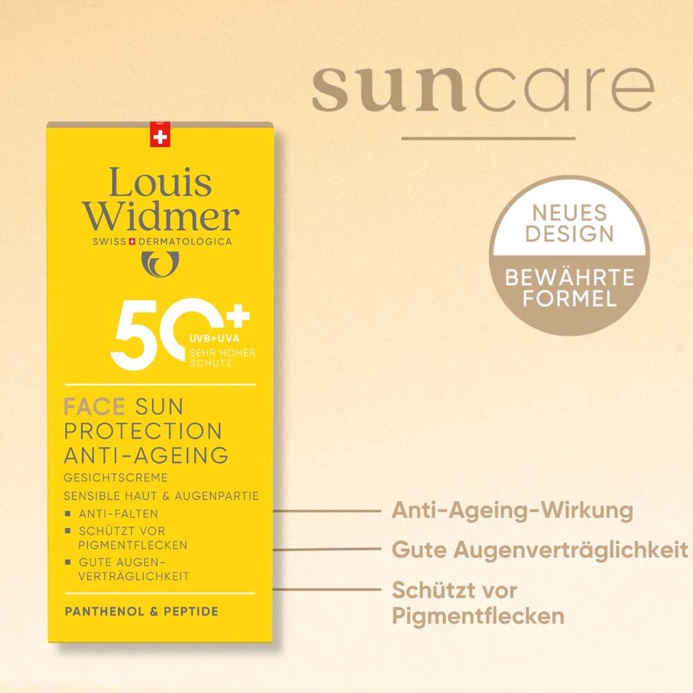 Emballage jaune. Logo Louis Widmer. Face Sun Protection Anti-Ageing 50. Texte: Anti-rides, protège des taches pigmentaires, bonne tolérance oculaire.