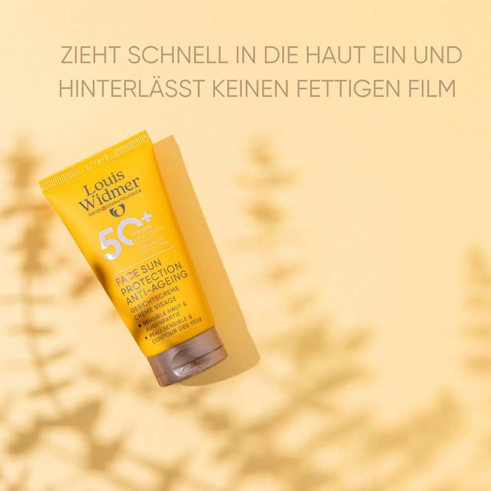 Tube jaune. Logo Louis Widmer. Face Sun Protection Anti-Ageing 50. Texte: Crème visage. Pénètre rapidement et ne laisse pas de film gras.