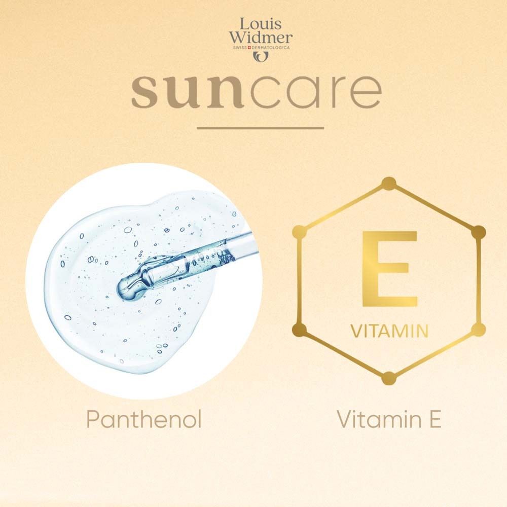 Sérum avec pipette et vitamine E. Texte: Panthénol, vitamine E. Logo Louis Widmer. Suncare.